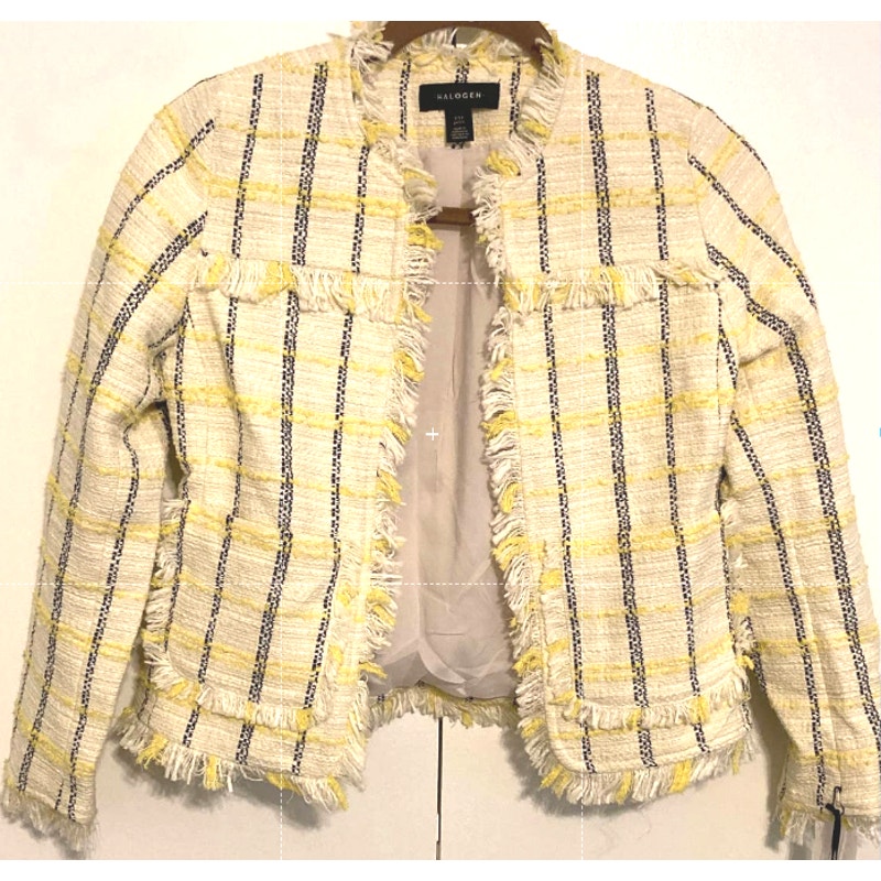 Halogen Estelle Tweed Fringe Plaid Jacket Xxsp / 2xs Petite In Ivory Navy Nwt